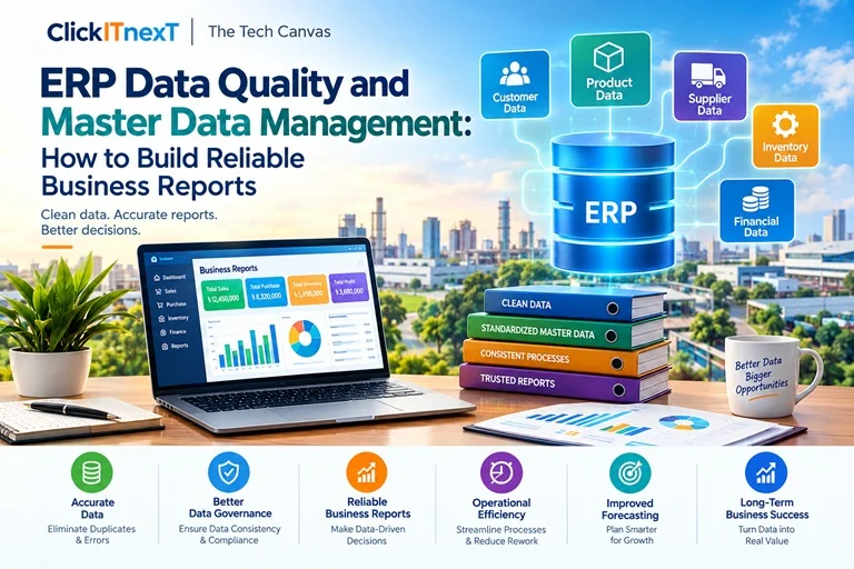 ERP data quality and master data management showing validated product records, consistent customer data, accurate bills of materials, inventory reconciliation, and reliable business reports