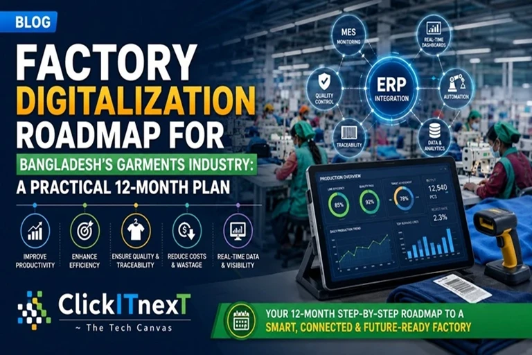 Factory digitalization roadmap for Bangladesh garment factories, transitioning from manual sheets to integrated ERP, MES production tracking, barcode/RFID automation, and data dashboards