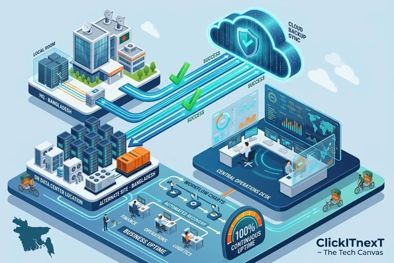 IT disaster recovery and business continuity planning showing secure backups, server recovery, ransomware protection, and business resilience in Bangladesh