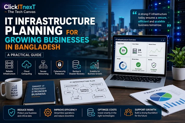 IT infrastructure planning for growing businesses in Bangladesh, covering servers, cloud computing, networking, cybersecurity, backup, and business continuity